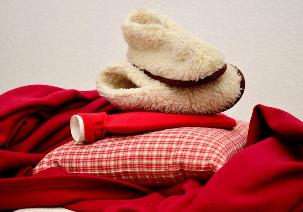 Blanket with a pillow and hot water bottle, with a pair of slippers on top